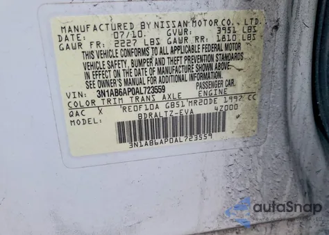 2010 Nissan Sentra 2.0 из США, поврежденный, VIN 3N1AB6AP0AL723559